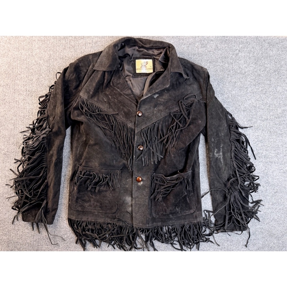 Vintage Genuine Leather Fringe Jacket Mens XL Black Suede Western Biker Mexico